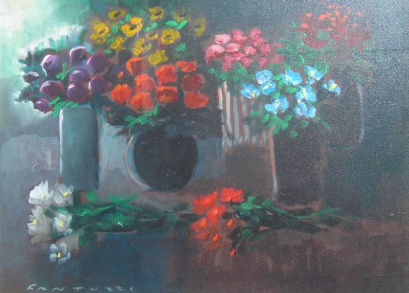 Eliano Fantuzzi (1909-1987) Natura morta con vasi di fiori  - Asta Antiquariato, Argenti e Dipinti Antichi - Cambi Casa d'Aste