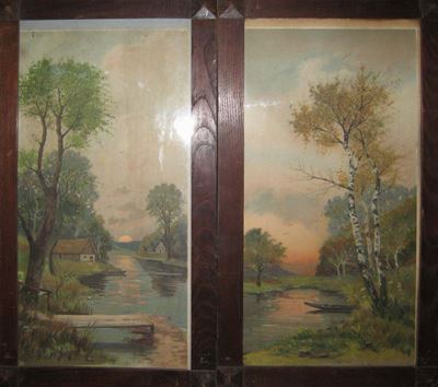 Oleografie in Cornice Raffiguranti Coppia di Paesaggi con Fiume