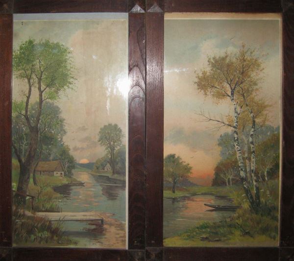 Oleografie in cornice raffiguranti coppia di paesaggi con fiume