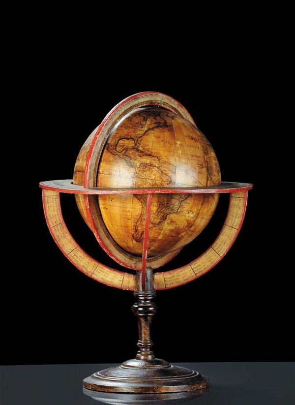 Grande globo terrestre con base in legno tornito ed ebanizzato