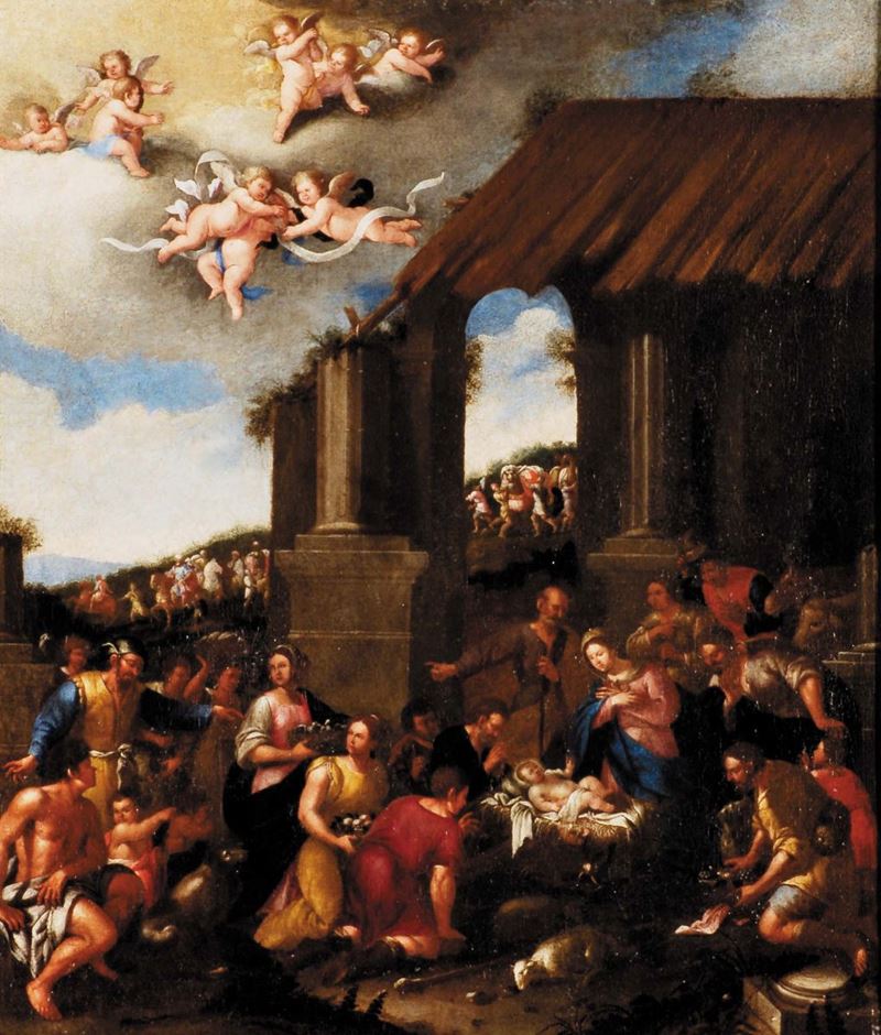Scuola Napoletana del XVII secolo Adorazione dei pastori  - Asta Antiquariato e Dipinti Antichi - Cambi Casa d'Aste