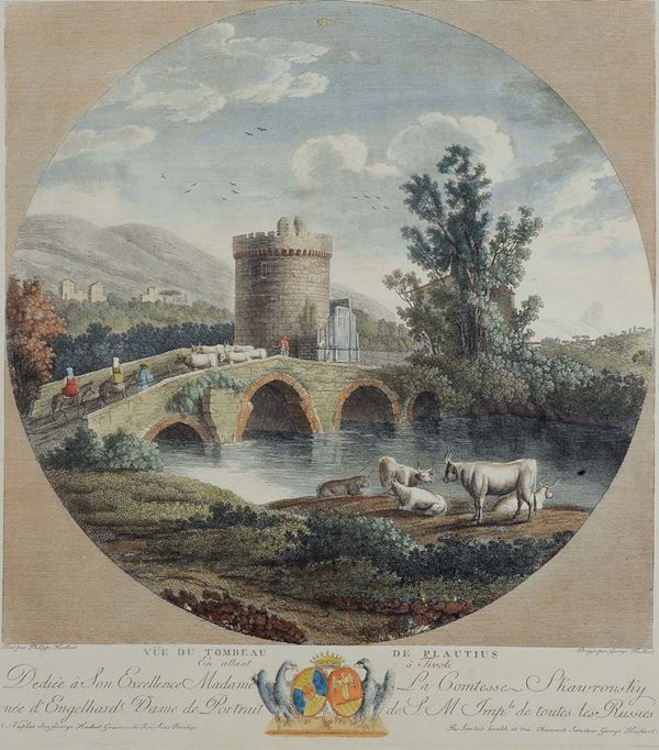 Coppia di incisioni acquarellate raffiguranti paesaggi, XIX secolo