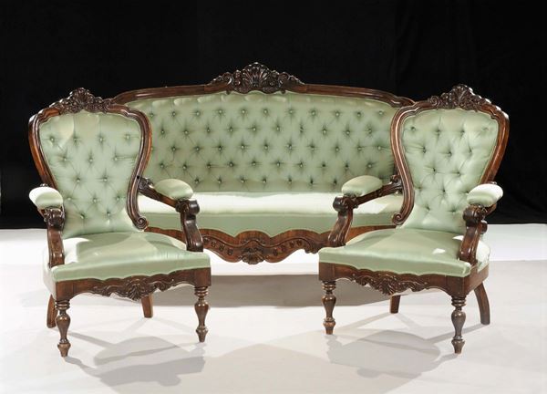 Salotto Regency composto da divano e due poltrone, XIX secolo