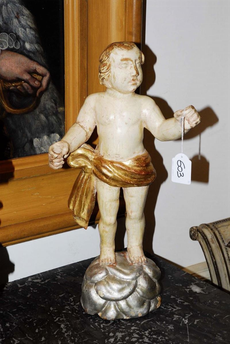 Due putti in legno laccato e dorato, Italia Centrale XVIII secolo  - Auction Antiquariato, Argenti e Dipinti Antichi - Cambi Casa d'Aste