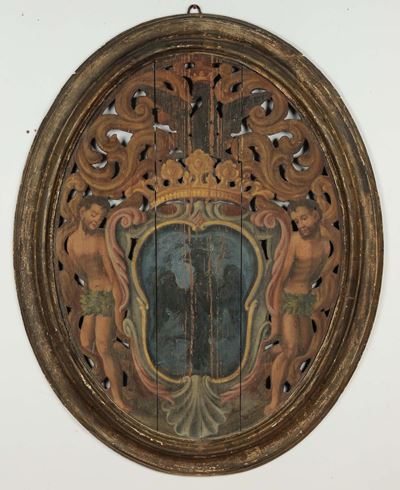 Stemma Gentilizio Dipinto in Policromia su Pannello Traforato, XVIII Secolo