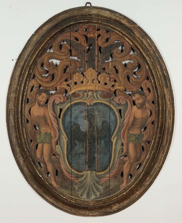 Stemma gentilizio dipinto in policromia  su pannello traforato, XVIII secolo