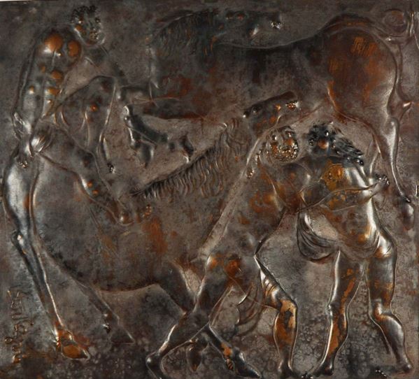 Pannello in rame sbalzato con scene elleniche