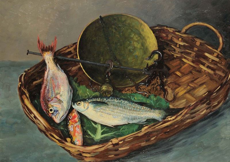 Anonimo del XX secolo Cesto con pesci e stadera  - Auction OnLine Auction 09-2012 - Cambi Casa d'Aste