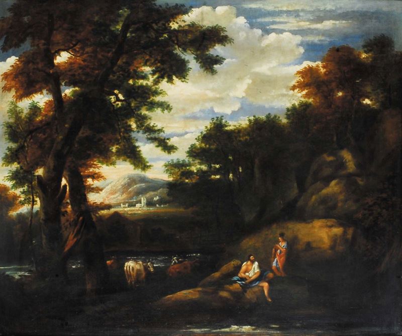 Scuola Italiana del XVIII secolo  Paesaggio con figure al bagno   - Auction Antiquariato e Dipinti Antichi - Cambi Casa d'Aste