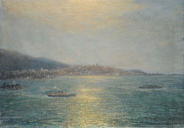 Andrea Figari (1858-1945) Notturno di Genova con basilica di Carignano sul fondo