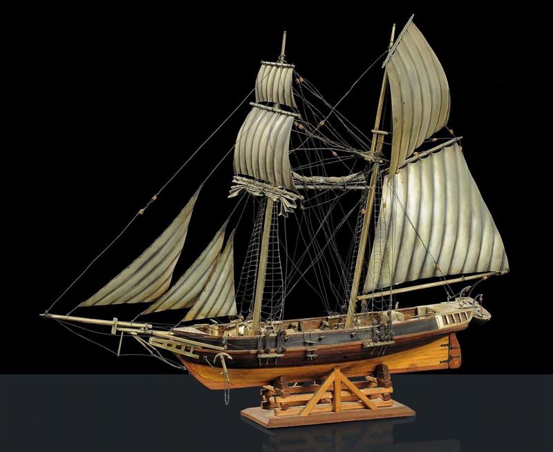 Modellino di brigantino goletta a due alberi in argento e legno  - Auction Antiquariato, Argenti e Dipinti Antichi - Cambi Casa d'Aste