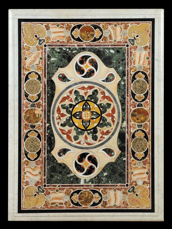 Piano di marmo intarsiato con marmi policromi a motivi geometrici, XVII secolo