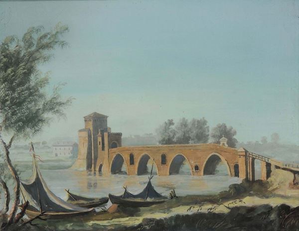 Scuola Romana del XIX secolo Paesaggio fluviale con ponte  Paesaggio fluviale con casolare