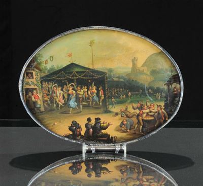 Vassoio Ovale in Òtole Peinteó Raffigurante Festa Paesana, XIX Secolo