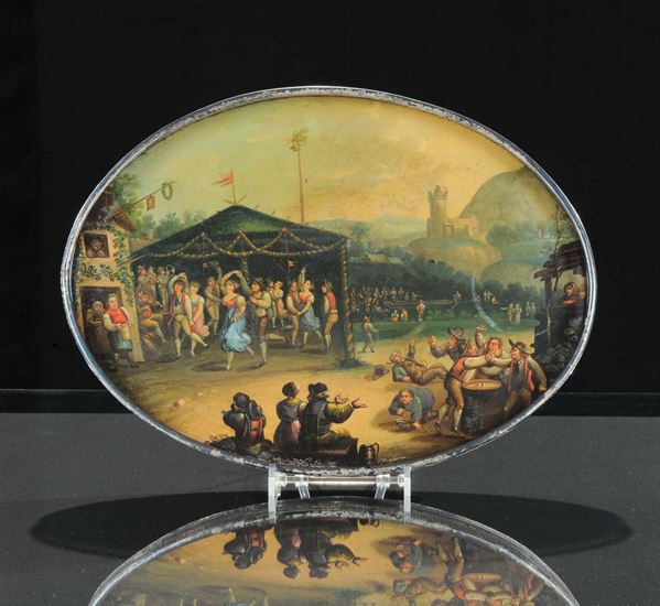 Vassoio ovale in Òtole peinteÓ raffigurante festa paesana, XIX secolo