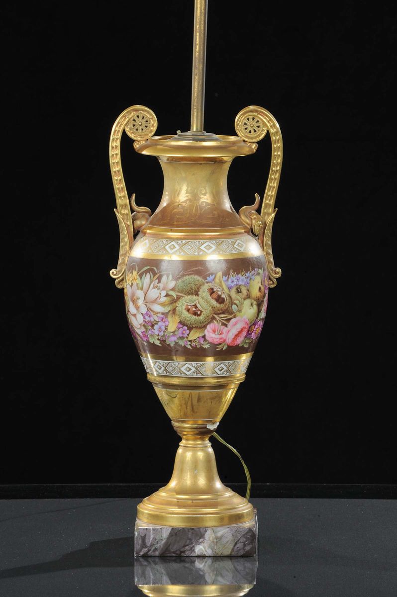 Vaso Ad Anfora in Porcellana Policroma Trasformato in Lampada, Parigi Inizi XIX Secolo