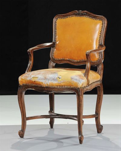Poltrona in Rovere con Seduta e Schienale in Cuoio, XVIII Secolo