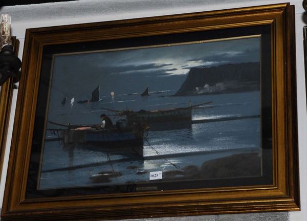 Dipinto di Mario Galanto raffigurante barche con pescatori