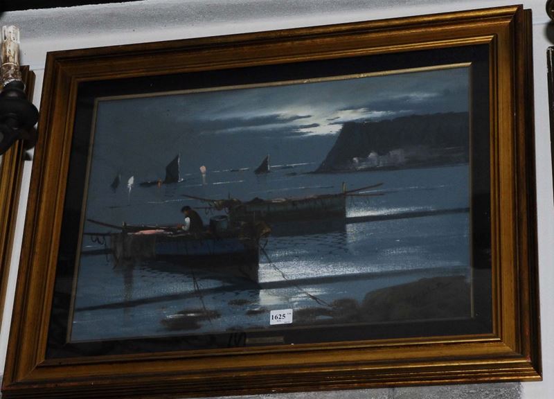 Dipinto di Mario Galanto raffigurante barche con pescatori  - Asta Antiquariato, Argenti e Dipinti Antichi - Cambi Casa d'Aste