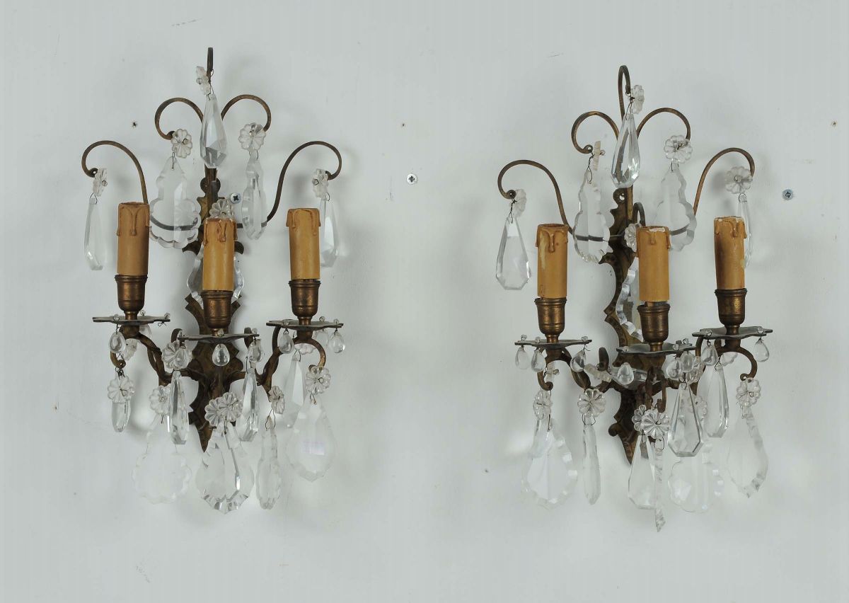 Lampadario a Sei Luci e Coppia di Appliques a Tre Luci, XX Secolo