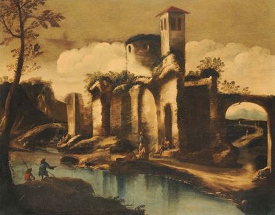 Antonio Travi Detto il Sestri (1608-1665), Scuola Diveduta con Rovine e Personaggi