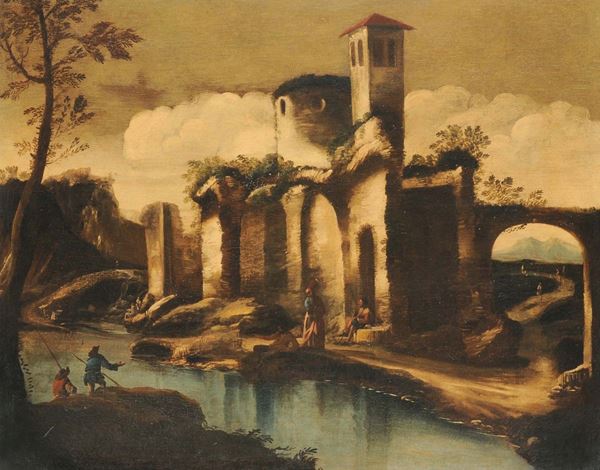 Antonio Travi detto il Sestri (1608-1665), scuola di Veduta con rovine e personaggi