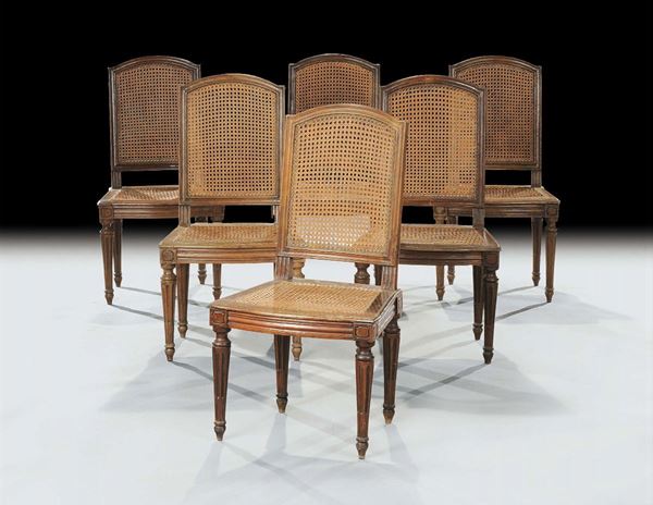Sei sedie Luigi XVI in noce, fine XVIII secolo