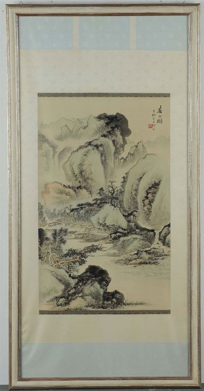 Coppia di Disegni Acquarellati Applicati su Stoffa, Cina XIX Secolo