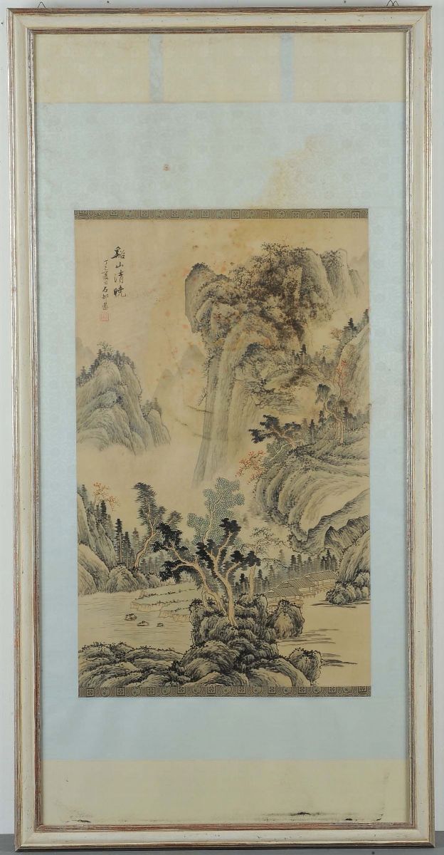 Coppia di Disegni Acquarellati Applicati su Stoffa, Cina XIX Secolo