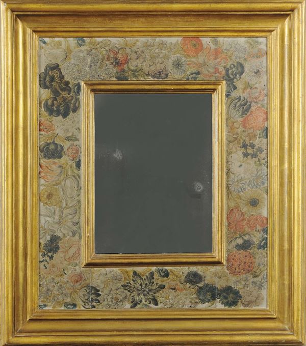 Cornice con specchiera in legno dorato e dipinto in policromia, XIX-XX secolo