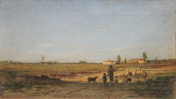 Carlo Follini (Domodossola 1848 - Genova Pegli 1938) Paesaggio con pastori