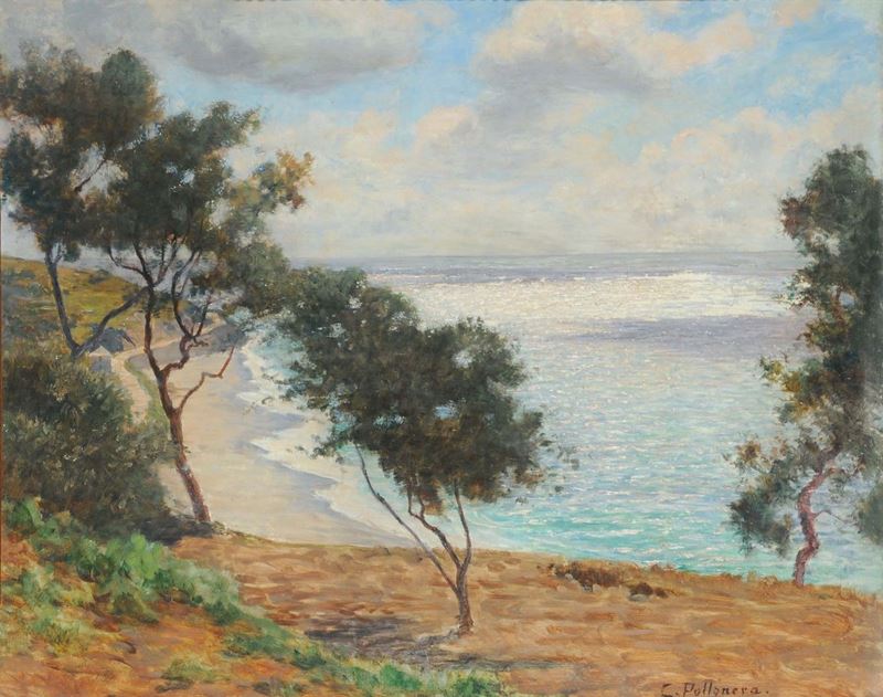 Carlo Pollonera (1849-1923), attribuito a Veduta costiera  - Asta Dipinti del XIX e XX secolo - Cambi Casa d'Aste
