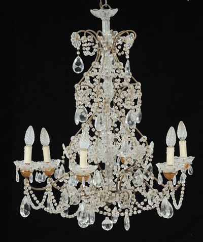 Lampadarietto a Sei Luci in Metallo e Cristalli, XX Secolo