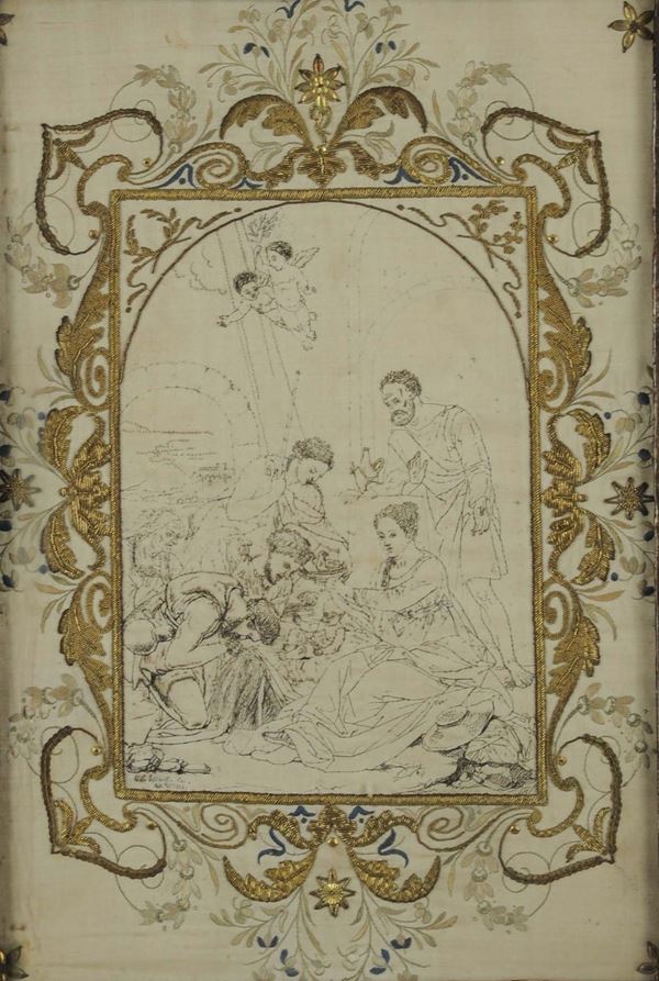 Ricamo in cornice raffigurante la Sacra Famiglia, XVIII secolo