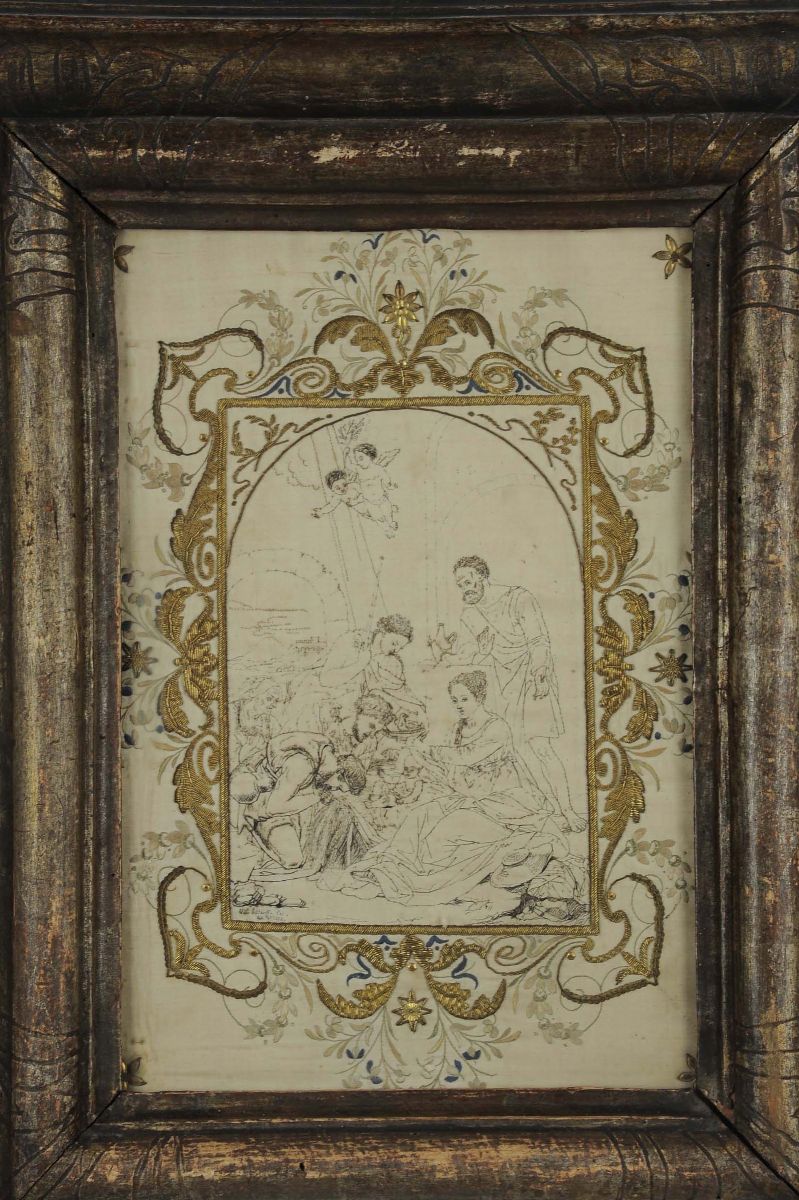 Ricamo in Cornice Raffigurante la Sacra Famiglia, XVIII Secolo