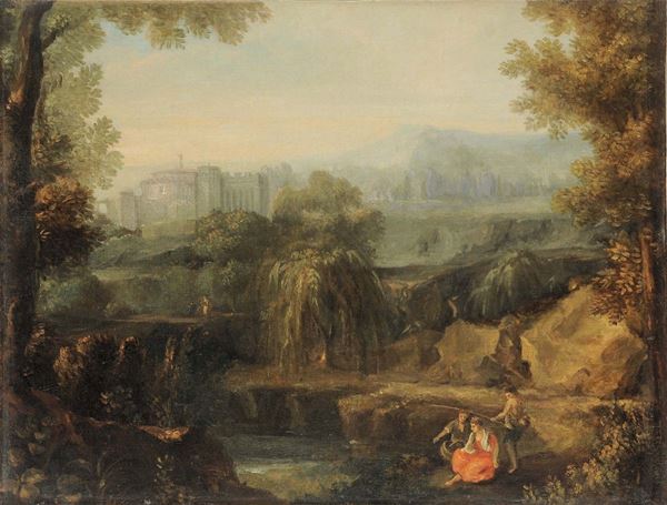 Scuola Italiana della fine del XVIII secolo Paesaggio con figure