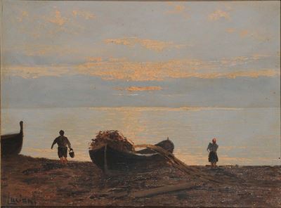 Anonimo del XX Secolomarina con Pescatori