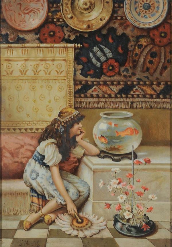 Giovanni Muzzioli (1854-1894), stile di Bambina con pesci