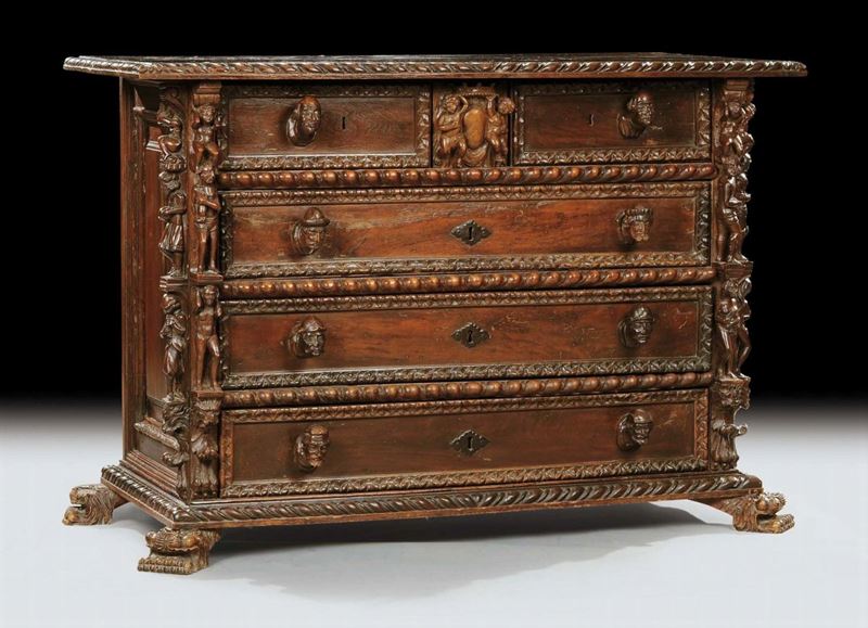 Com˜ a bambocci in legno di noce a tre cassetti, XIX secolo  - Auction Old Paintings and Furnitures - Cambi Casa d'Aste