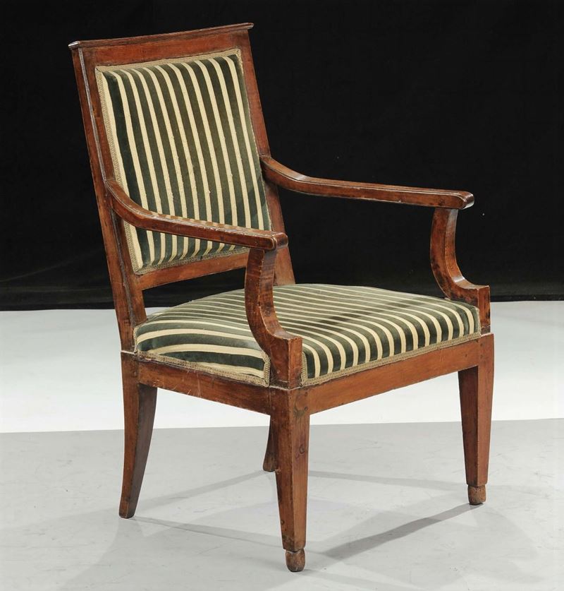 Poltrona in noce rivestita in velluto a righe, Italia centro settentrionale fine XVIII secolo  - Asta Antiquariato e Dipinti Antichi - Cambi Casa d'Aste