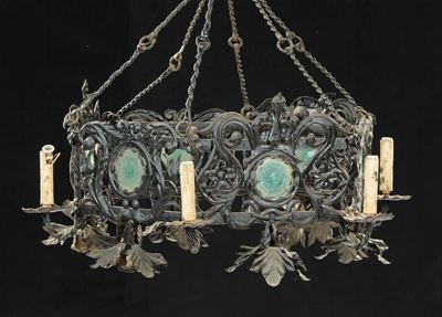 Lampadario in Ferro Battuto a Sei Luci, Inizio XX Secolo