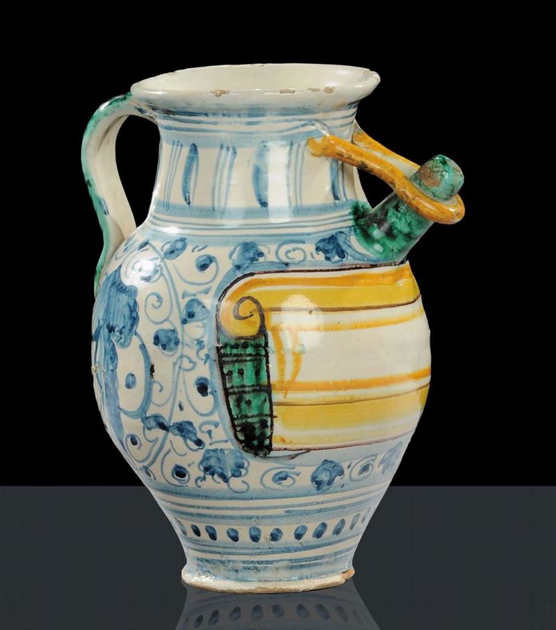 Boccale in maiolica con decorazione vegetale in monocromia turchina, Montelupo XVII secolo  - Asta Asta OnLine 7-2013 - Cambi Casa d'Aste
