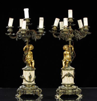 Coppia di Candelieri in Bronzo e Marmo, XIX Secolo