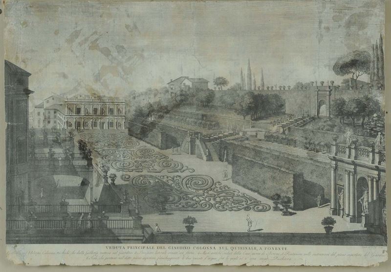 Stampa raffigurante i Giardini di palazzo Colonna, XVIII secolo  - Auction Old Paintings and Furnitures - Cambi Casa d'Aste
