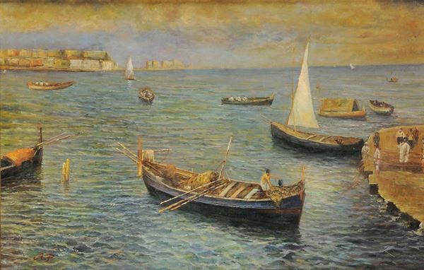 Scuola Napoletana del XX secolo Marina con barche