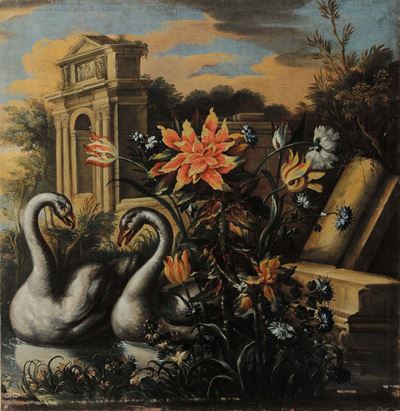 Scuola del XVIII Secolopaesaggio con Rovine e Cigni