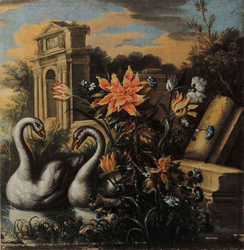 Scuola del XVIII secolo Paesaggio con rovine e cigni  - Auction Old Paintings and Furnitures - Cambi Casa d'Aste