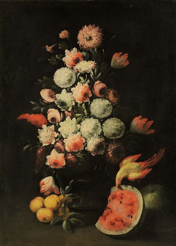 Scuola del XVII secolo Natura morta con fiori, frutta e pappagalli