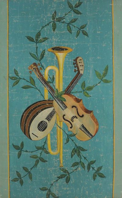 Pannello Ad Olio su Tela Raffigurante Strumenti Musicali, Fine XVIII Secolo