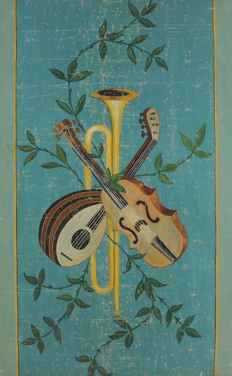 Pannello ad olio su tela raffigurante strumenti musicali, fine XVIII secolo  - Asta Antiquariato, Argenti e Dipinti Antichi - Cambi Casa d'Aste